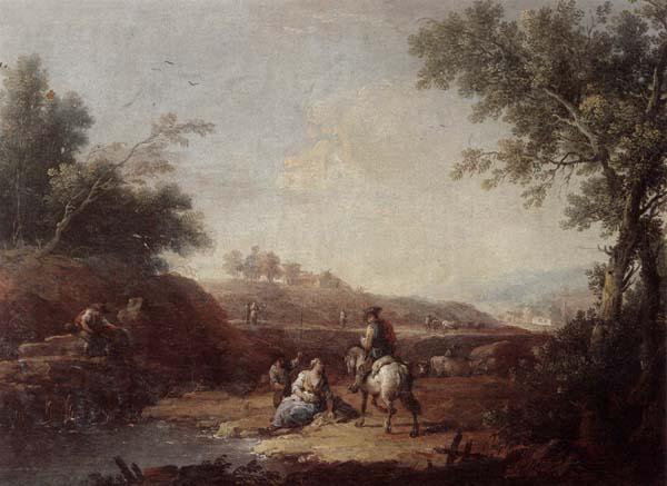 Giuseppe Zais An italianate landscape with fishermen and travellers resting beside a pool oil painting image